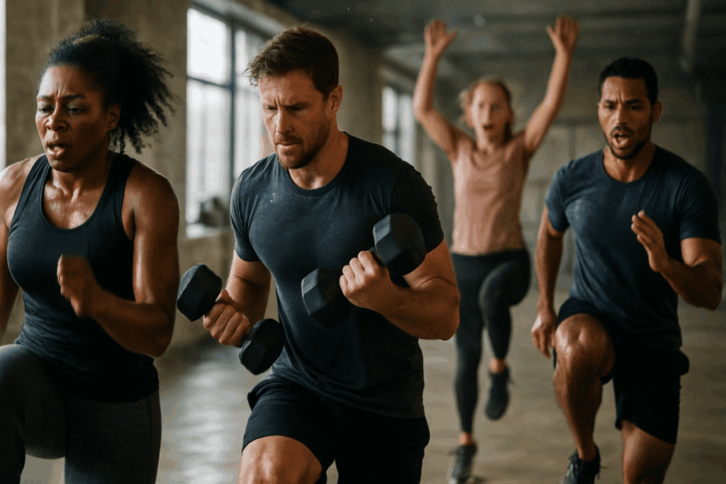 Boost Endurance and Power: How Cardiovascular and Strength Training Exercises Improve Performance and Stamina 2 Diverse fitness class performing high-intensity circuit training with dumbbells and cardio moves to boost endurance and power.