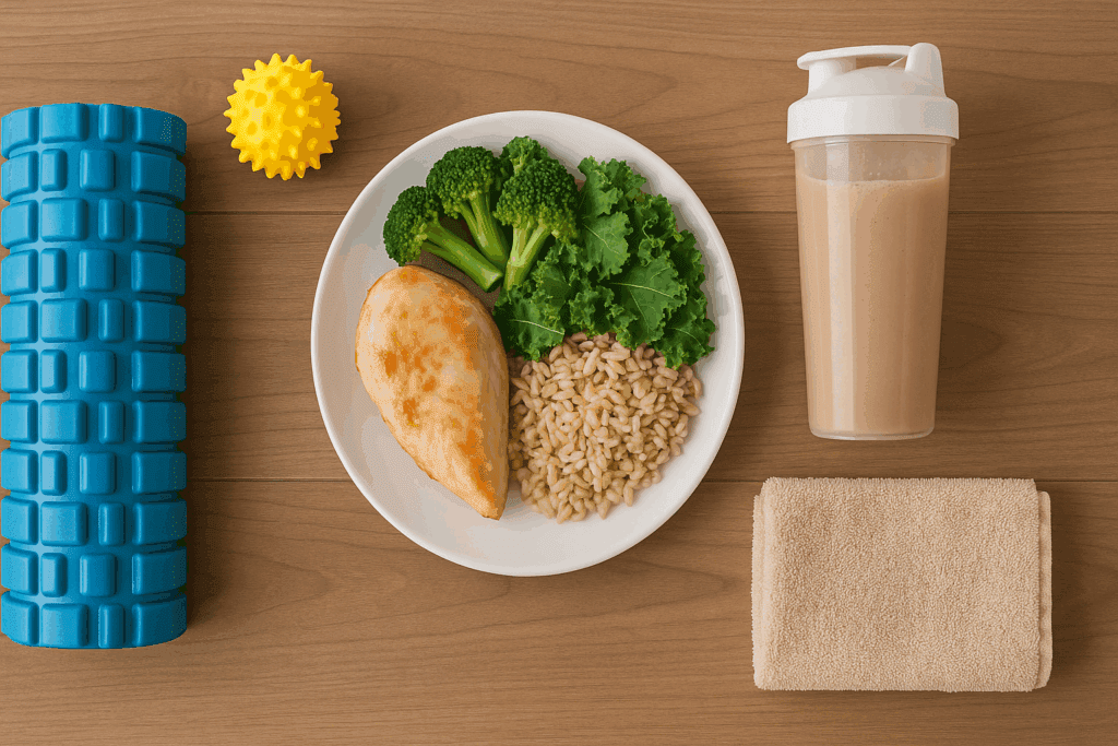 Boost Endurance and Power: How Cardiovascular and Strength Training Exercises Improve Performance and Stamina 6 Flat lay of post-workout recovery essentials including lean protein, leafy greens, complex carbs, a protein shake, foam roller, and massage ball to boost endurance and power.