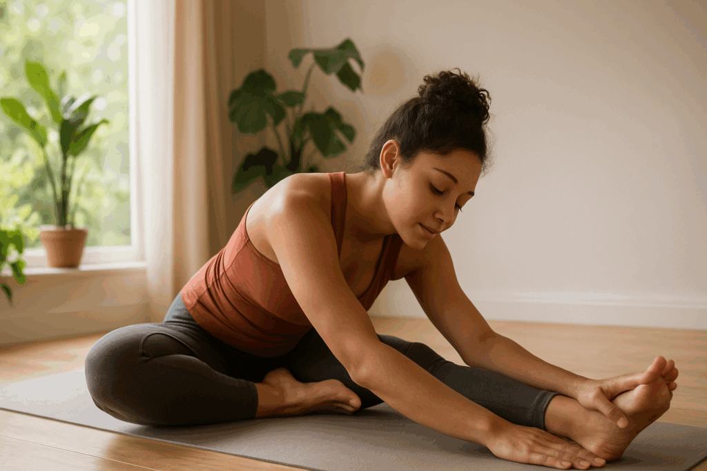 Boost Endurance and Recovery: How Cardio Stretching Exercises and Stretches for Cardio Workouts Can Support Peak Performance 5 Woman practicing pigeon pose in a sunlit room with greenery, representing mindfulness and stretches for cardio workouts