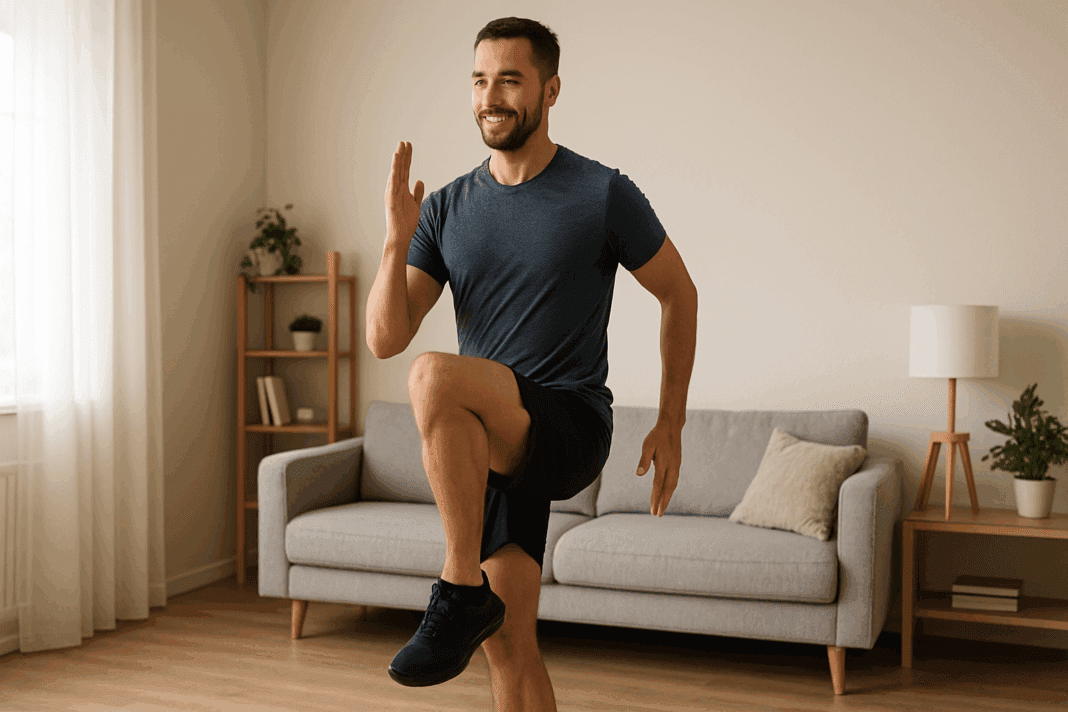 Fit man doing high knees in a bright living room during an Easy 10 Minute Cardio Workout at Home
