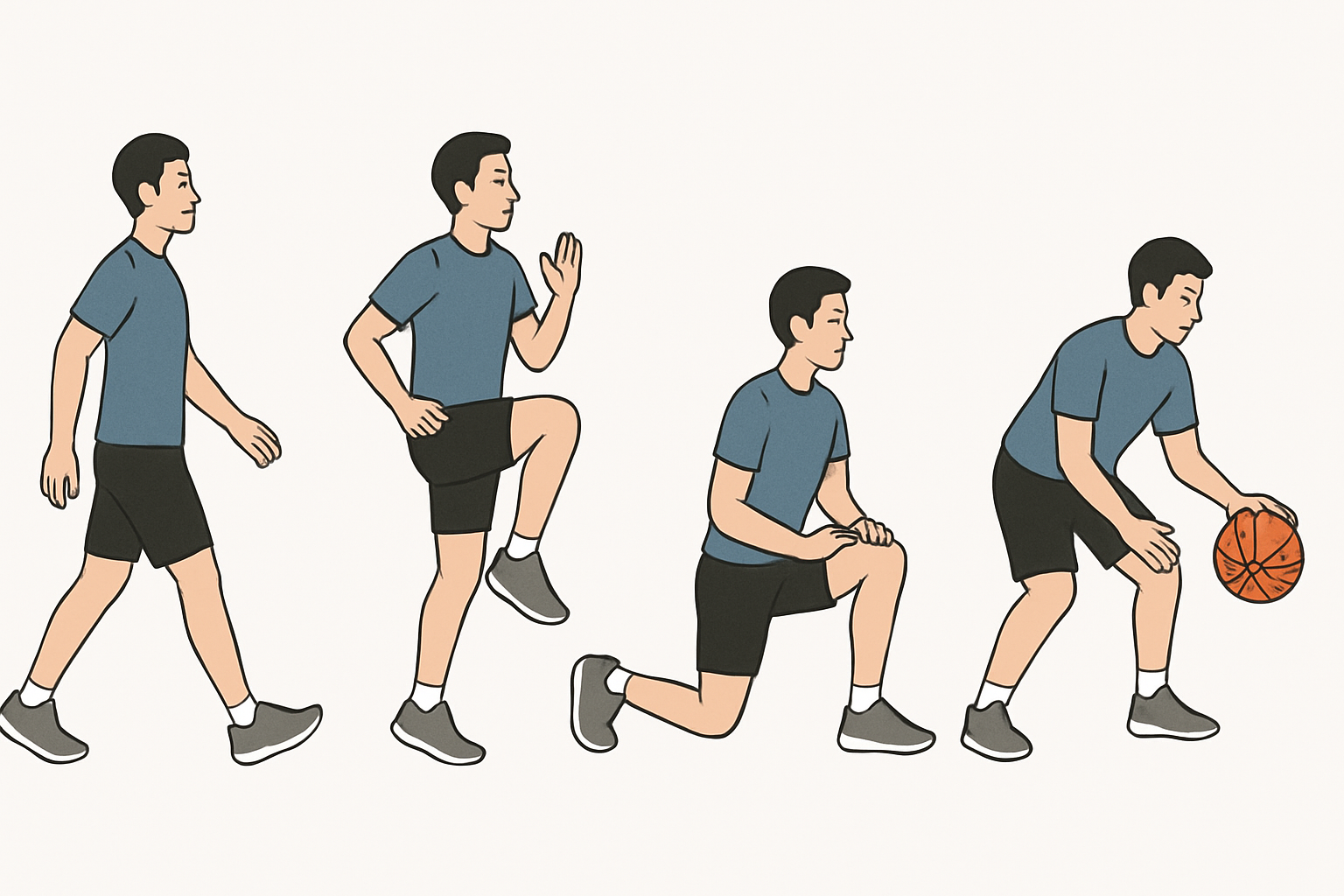 Boost Performance Safely: The Best Cardio Warm Up Routine to Prepare for Endurance and Stamina Training 4 Step-by-step diagram of the best cardio warm up routine with walking, high knees, lunges, and sport-specific drills