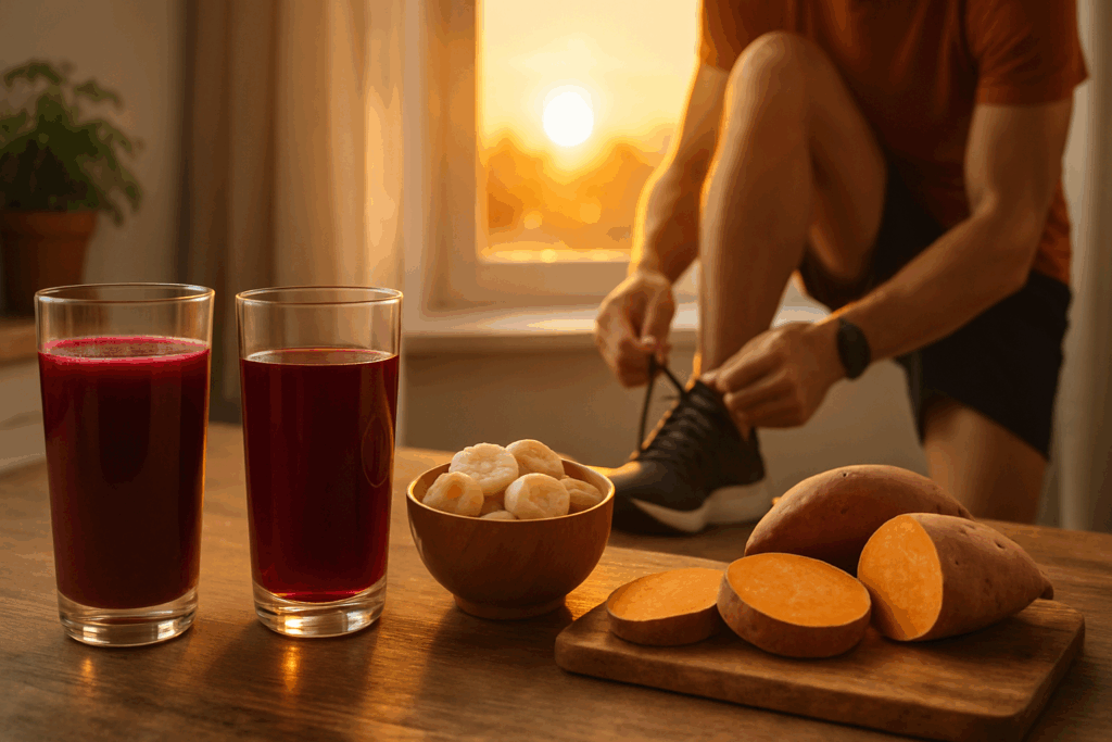 Boost Running Endurance Naturally: Can Running Stamina Medicine or Tablets Help Improve Performance Safely? 5 Beetroot juice, tart cherry juice, sliced bananas, and sweet potatoes on a kitchen table with a runner tying shoes at sunrise—natural running stamina medicine.