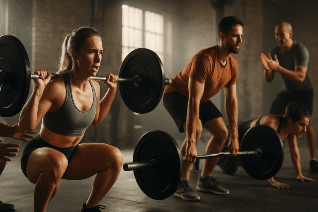 Boost Strength and Stamina Naturally: How a Full Body Weight Training HIIT Routine Can Enhance Performance and Endurance 1 Athletes performing full body weight training HIIT with squats, deadlifts, and push-ups in a high-intensity gym session.