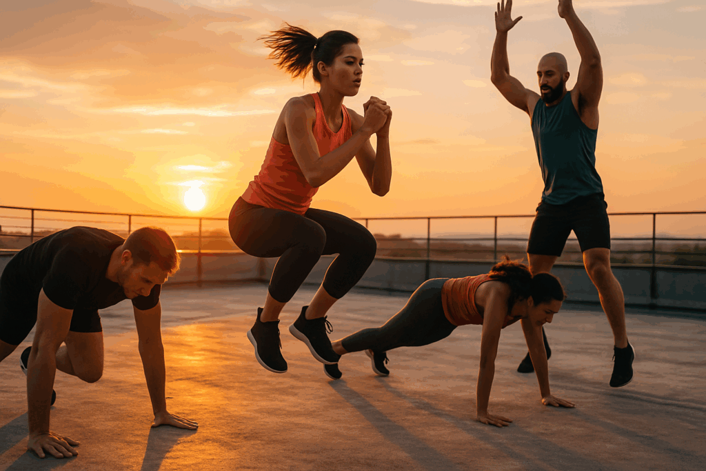 Boost Strength and Stamina Naturally: How a Full Body Weight Training HIIT Routine Can Enhance Performance and Endurance 6 Group performing full body weight training HIIT moves like jump squats and mountain climbers on a rooftop at sunset