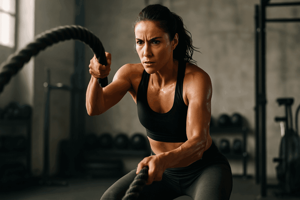 Boost Strength and Stamina with High Intensity Upper Body Exercises: How Upper Body HIIT Enhances Performance and Endurance Naturally 3 Fit woman performing high intensity upper body exercises with battle ropes in a gym, emphasizing endurance and cardio training