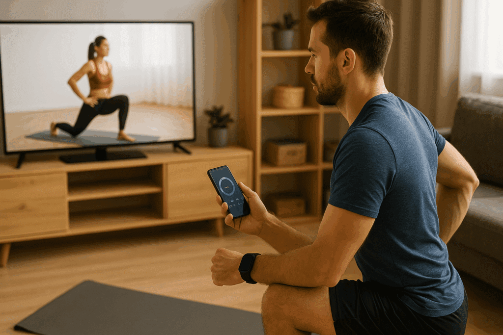 Boost Your Stamina with This Easy 30 Minute Workout: A Beginner-Friendly Routine to Improve Endurance at Home 6 Man following a 30 minute beginner workout routine at home with guided video, fitness tracker, and smartphone progress screen