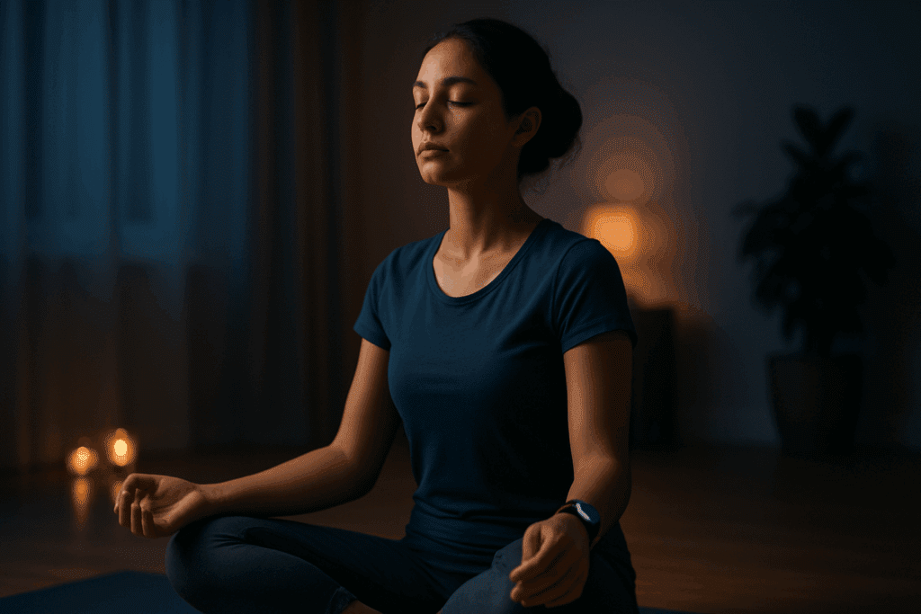 Boosting Endurance and Heart Health: A New Way to Prevent Heart Attacks Through Smarter Training and Nutrition 3 Woman meditating indoors with a glowing fitness tracker, illustrating a new approach to prevent heart attacks through stress recovery.