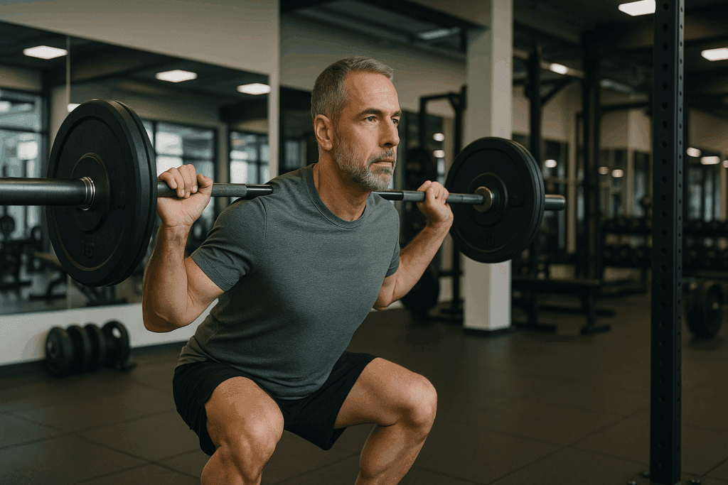 Boosting Endurance and Heart Health: A New Way to Prevent Heart Attacks Through Smarter Training and Nutrition 4 Middle-aged man performing barbell squats in a modern gym, representing a new approach to prevent heart attacks through strength training.