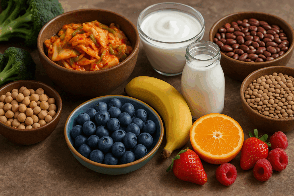 Boosting Endurance and Heart Health: A New Way to Prevent Heart Attacks Through Smarter Training and Nutrition 5 Colorful display of probiotic and fiber-rich foods like kimchi, yogurt, legumes, and fruits on a rustic counter, highlighting a new approach to prevent heart attacks.