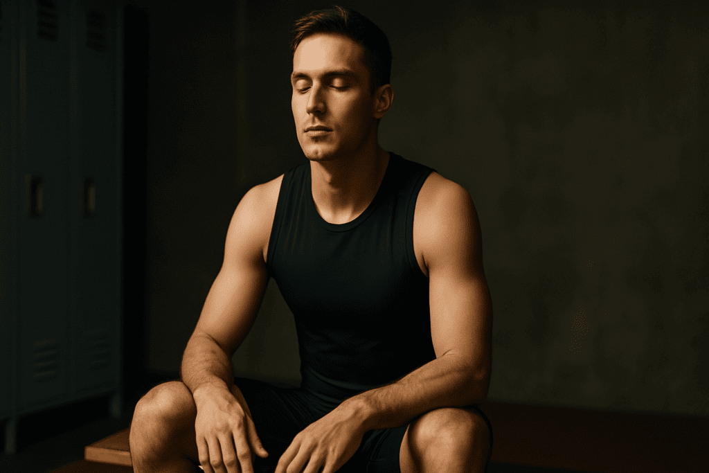 Breathe Better, Perform Stronger: The Science-Backed Benefits of Diaphragmatic Breathing for Endurance and Stamina 4 High-performance athlete meditating on a bench, eyes closed and practicing diaphragmatic breathing before competition
