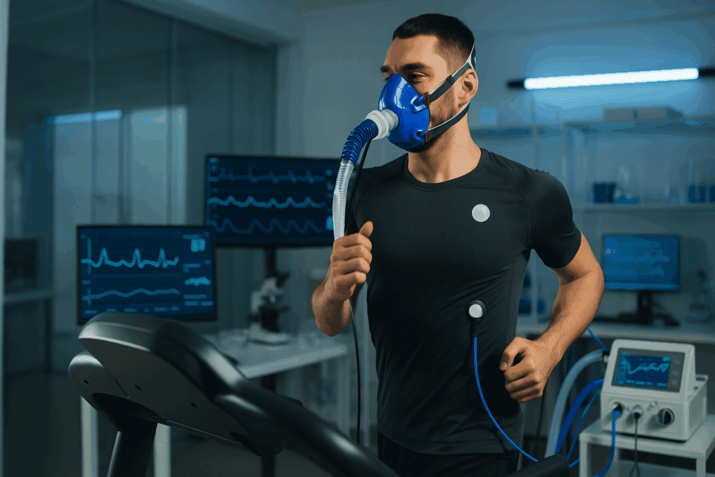 Build Endurance and Power: How HIIT Workouts for Men Can Boost Strength, Stamina, and Performance Naturally 1 Fit male athlete performing HIIT workouts for men on a treadmill wearing a VO2 max mask and heart rate monitors in a modern sports science lab.