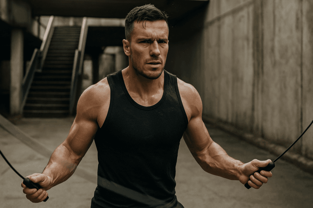 Build Endurance and Power: How HIIT Workouts for Men Can Boost Strength, Stamina, and Performance Naturally 3 Male athlete performing intense jump rope exercise outdoors as part of HIIT workouts for men, showcasing stamina and endurance training