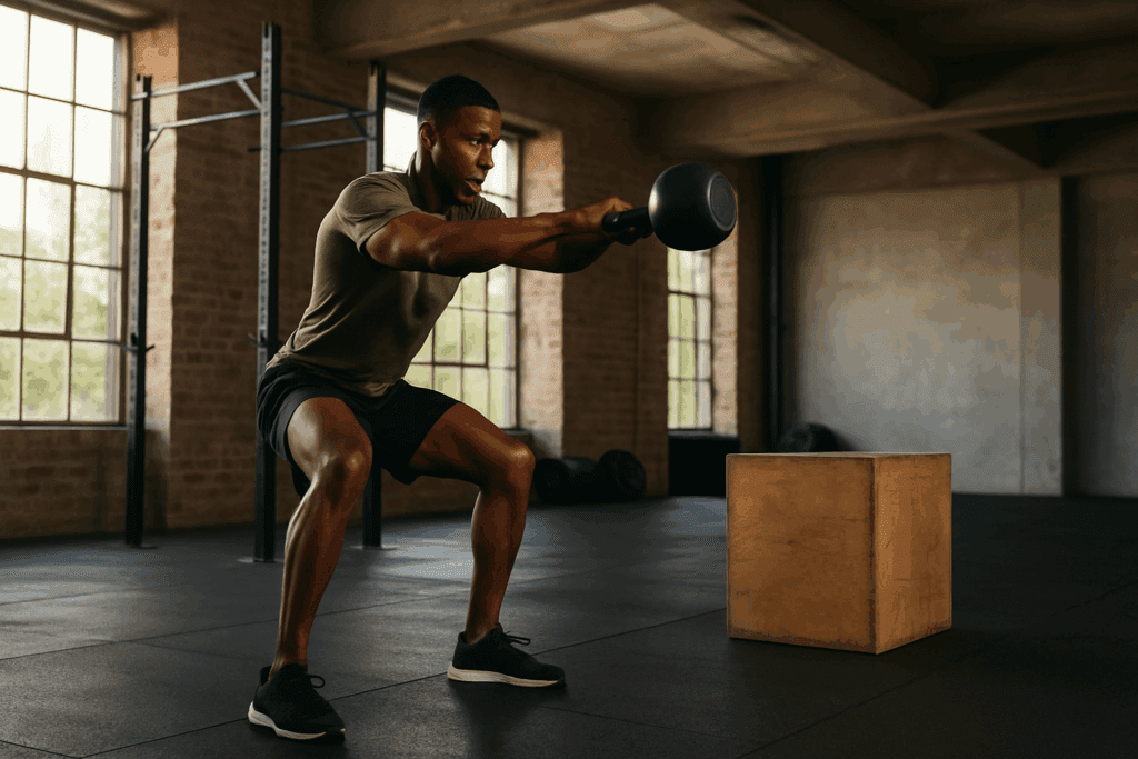 Build Endurance and Power Naturally: How a Fit Gym Workout and Fitness Exercise Gym Routine Can Boost Performance Safely 4 Athlete performing kettlebell swing in a spacious, sunlit gym during a fit gym workout focused on functional strength