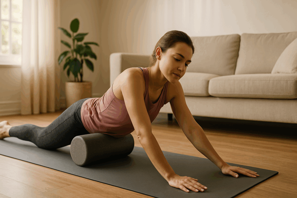 Build Endurance and Power Naturally: How a Fit Gym Workout and Fitness Exercise Gym Routine Can Boost Performance Safely 5 Fit gym workout recovery with a woman doing yoga stretches on a mat using a foam roller in a sunlit, calming room