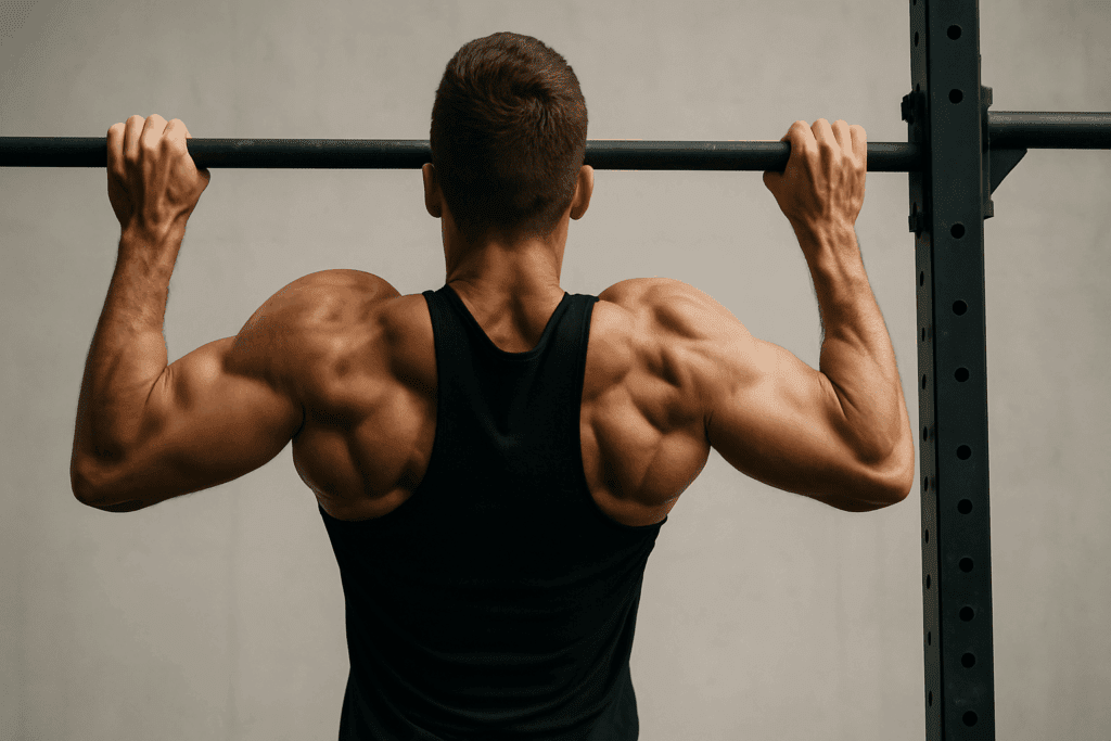 Build Power and Performance: 10 Muscular Strength Exercises to Improve Body Strength and Boost Endurance Naturally 3 Man performing a pull-up with tensed back muscles in a minimalist gym, showcasing muscular strength exercises