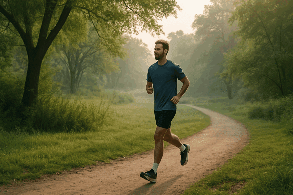 Build Running Stamina Fast: Best Exercises to Increase Endurance and Boost Performance Naturally 2 Jogger running at a steady pace on a quiet morning trail, illustrating how to build running stamina fast through aerobic base training.