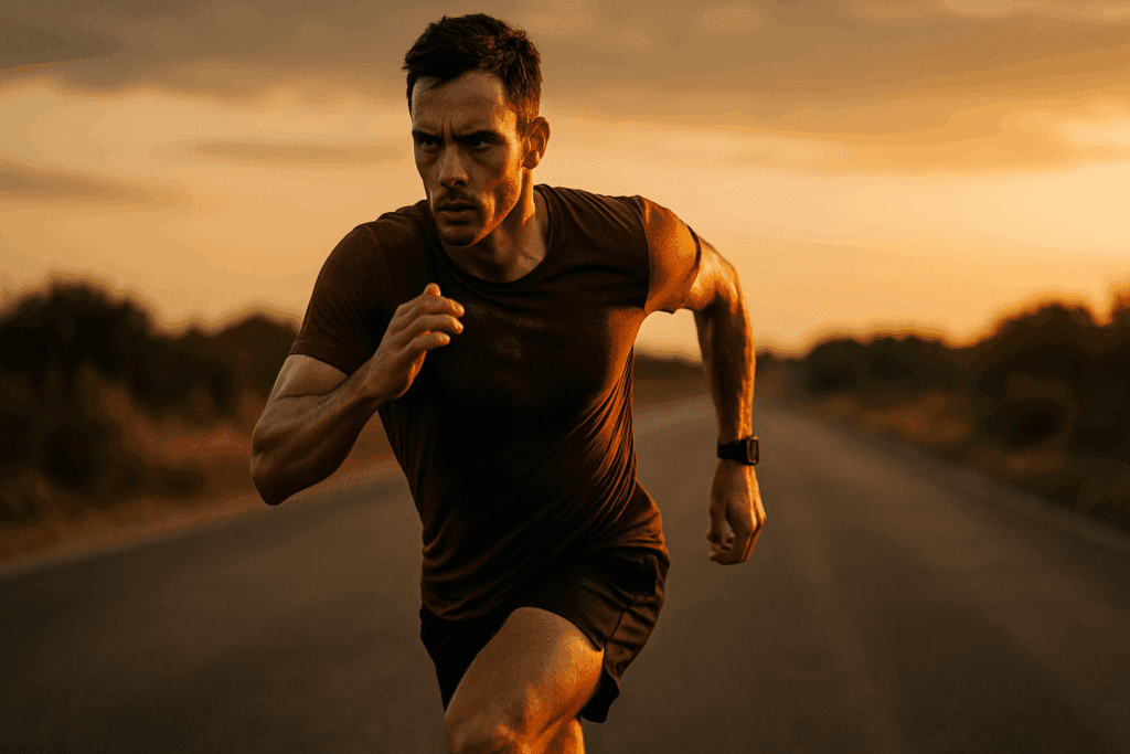 Build Running Stamina Fast: Best Exercises to Increase Endurance and Boost Performance Naturally 3 Focused male athlete sprinting at golden hour on an open road, capturing the intensity needed to build running stamina fast.