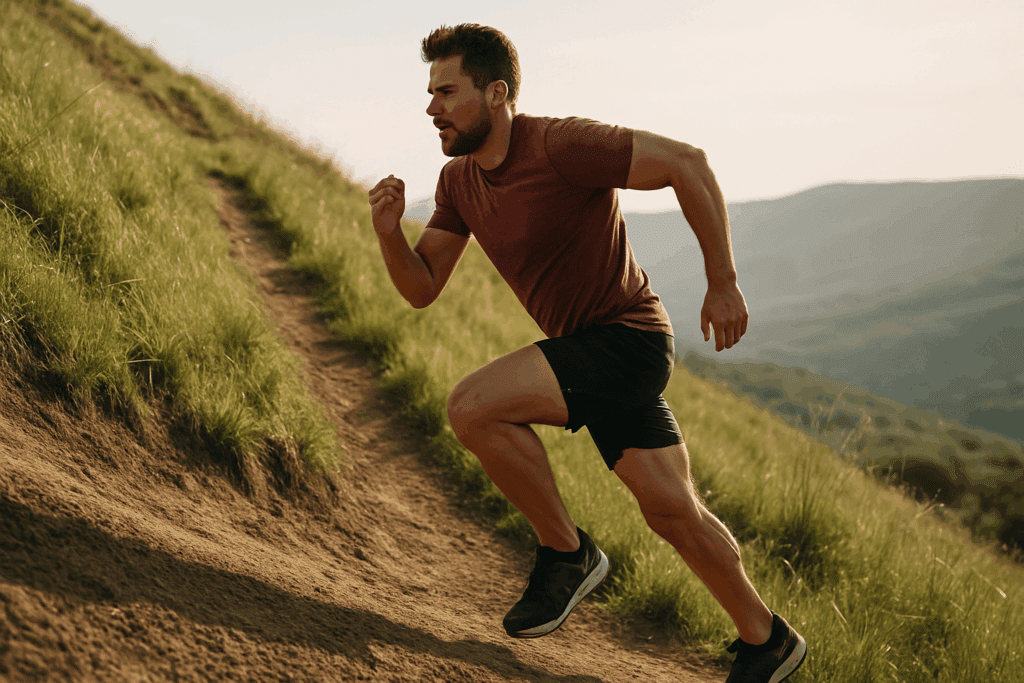 Build Running Stamina Fast: Best Exercises to Increase Endurance and Boost Performance Naturally 4 Male runner powering up a steep grassy hill at sunrise, showing intense muscular effort to build running stamina fast.