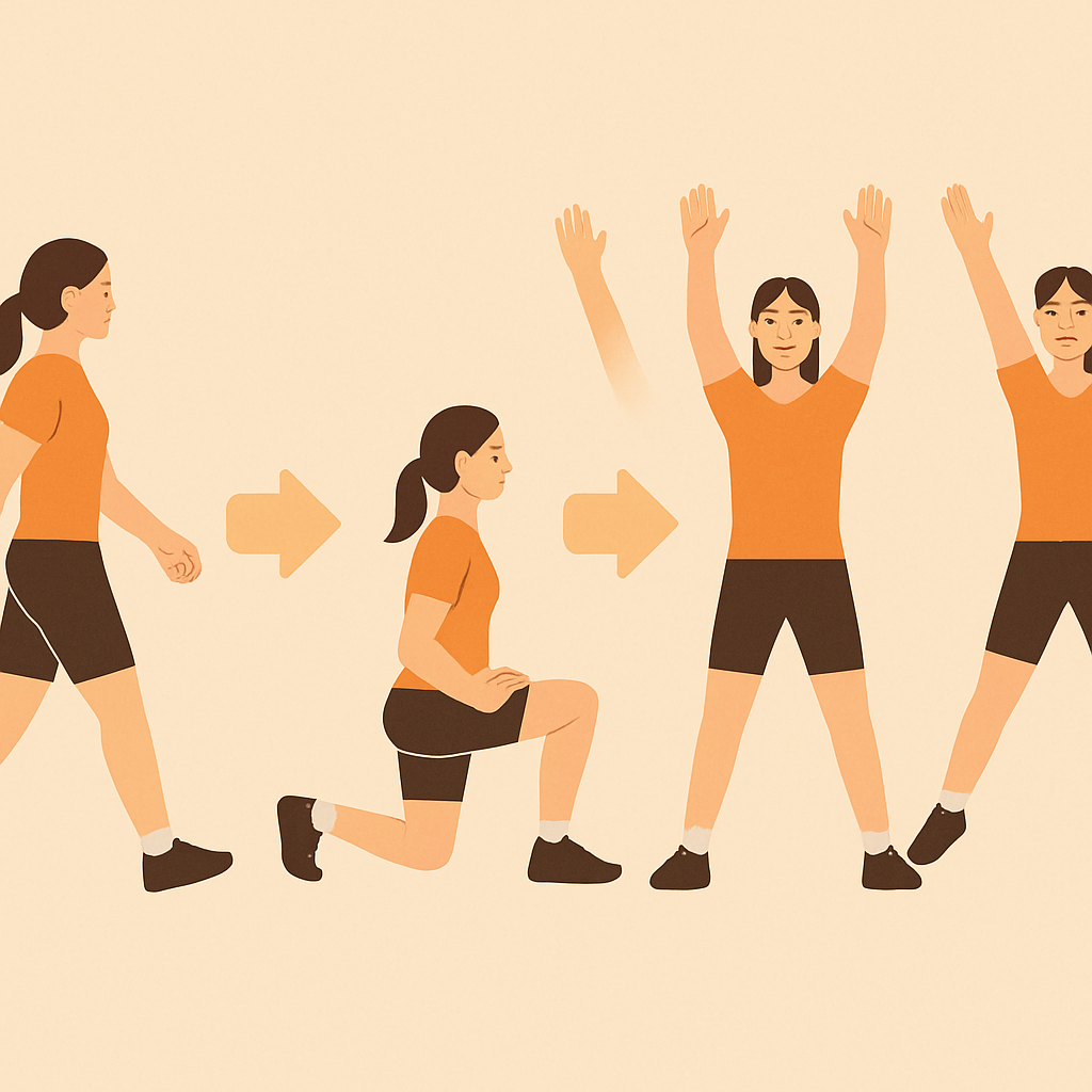 Build Stamina at Home: Expert-Approved Stamina Building Exercises for Beginners to Boost Endurance Naturally 3 Infographic-style illustration showing four stamina building exercises for beginners, including brisk walking, lunges, stretching, and jumping jacks