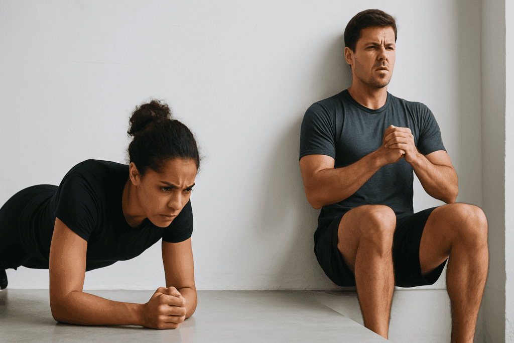 Build Stamina at Home: Expert-Approved Stamina Building Exercises for Beginners to Boost Endurance Naturally 4 Man doing wall sits and woman holding a plank in a minimalist room, demonstrating stamina building exercises for beginners