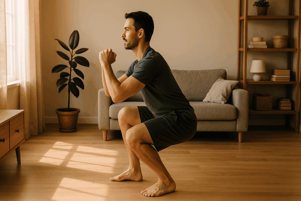 Build Strength and Stamina at Home: Easy Workout Routines and a Weekly Exercise Plan for Beginners 1 Man performing squats as part of an at home workout plan in a cozy, sunlit living room with minimalistic décor