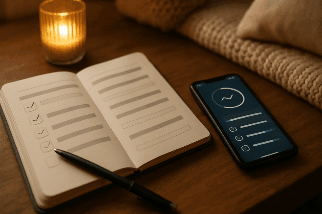 Build Strength and Stamina at Home: Easy Workout Routines and a Weekly Exercise Plan for Beginners 6 Fitness journal with checkmarks and smartphone app tracking progress on an at home workout plan in a cozy home setting
