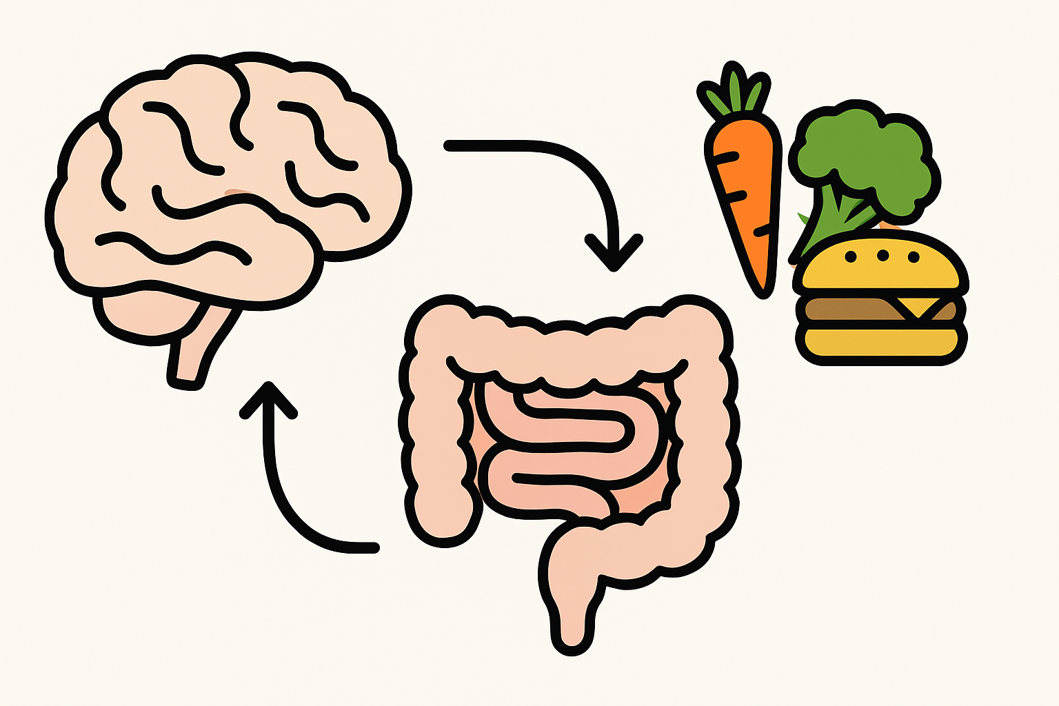 Can Food Trigger Anxiety? Understanding Food-Induced Anxiety and How to Manage Panic After Eating 1 Diagram of the gut-brain axis showing how vegetables and processed foods influence the brain and gut connection in Food-Induced Anxiety