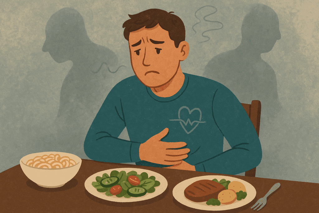 Can Food Trigger Anxiety? Understanding Food-Induced Anxiety and How to Manage Panic After Eating 2 Worried man holding his stomach at a dining table with uneaten food, depicting symptoms of Food-Induced Anxiety