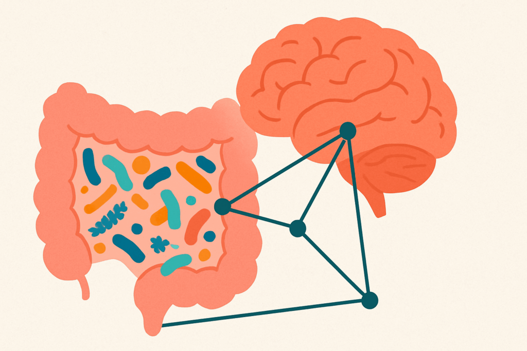 Can Food Trigger Anxiety? Understanding Food-Induced Anxiety and How to Manage Panic After Eating 5 Abstract illustration of the gut microbiome with colorful bacteria in the intestines connected to the brain, symbolizing the gut-brain axis and its link to Food-Induced Anxiety.