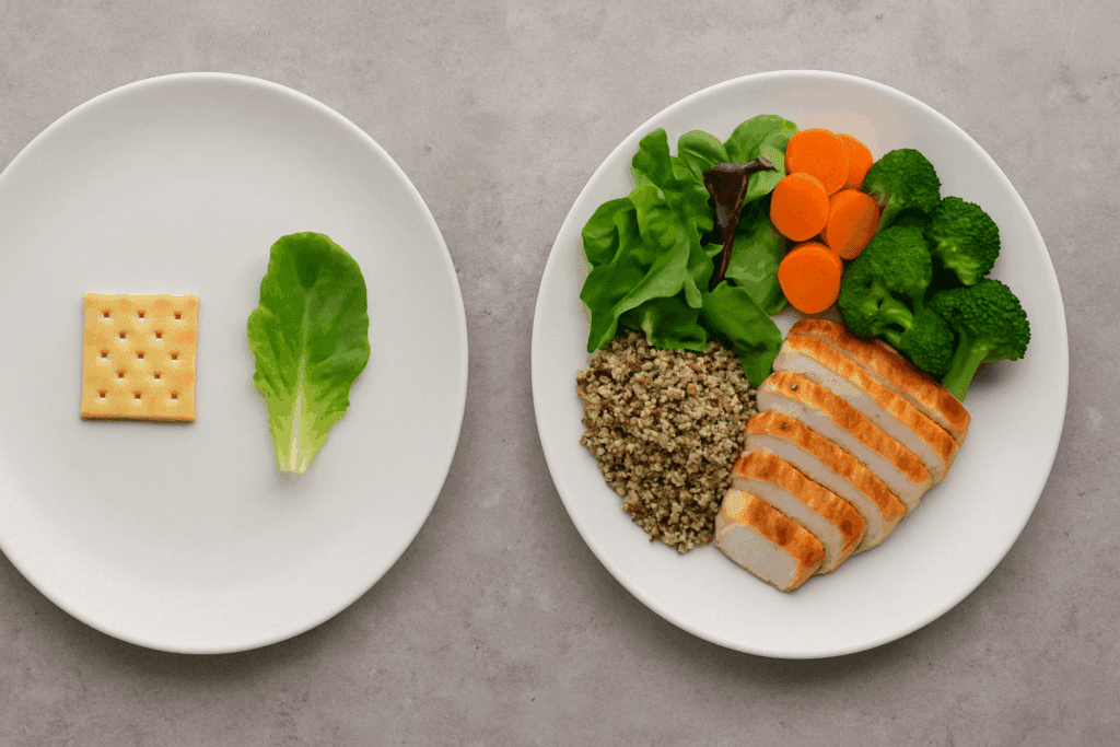 Can Not Eating Make You Lose Weight? What Experts Say About Skipping Meals and Sustainable Weight Loss 2 Side-by-side comparison of a nutrient-poor meal and a balanced plate illustrating the concept: Can Not Eating Make You Lose Weight