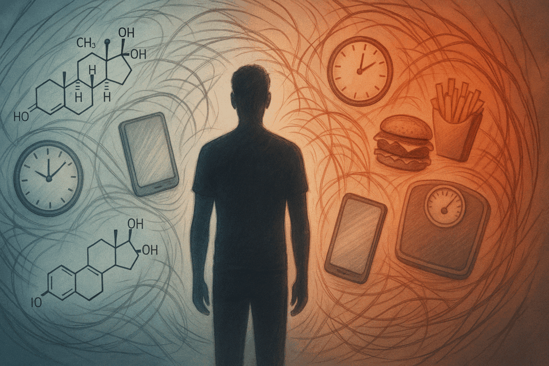 Conceptual illustration exploring Can Stress Lead to Weight Gain, showing a person surrounded by clocks, junk food, cortisol, and digital screens in a swirl of chaos