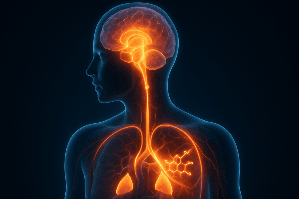 Can Stress Lead to Weight Gain? Understanding the Link Between Cortisol, Anxiety, and Your Body’s Response to Chronic Stress 1 Artistic visualization of the HPA axis showing cortisol release in the brain and adrenal glands, illustrating how stress affects the body—relevant to the question: Can Stress Lead to Weight Gain