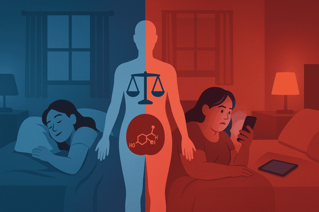 Can Stress Lead to Weight Gain? Understanding the Link Between Cortisol, Anxiety, and Your Body’s Response to Chronic Stress 4 Split bedroom scene visualizing 'Can Stress Lead to Weight Gain': left side shows peaceful sleep with balanced metabolism, right side shows screen-induced stress and weight gain
