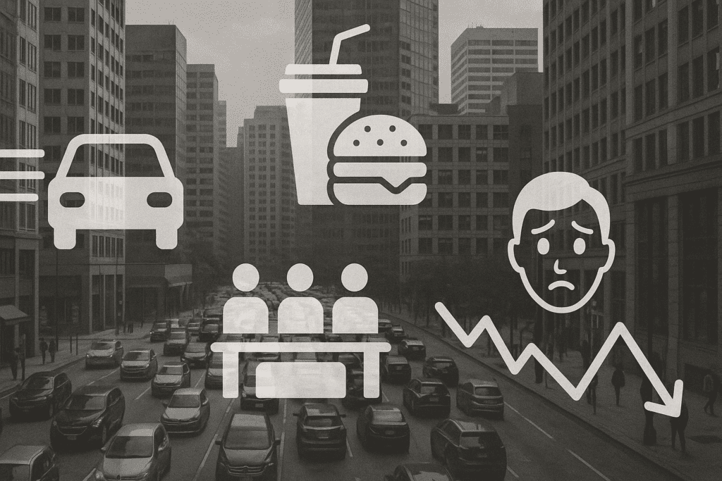 Can Stress Lead to Weight Gain? Understanding the Link Between Cortisol, Anxiety, and Your Body’s Response to Chronic Stress 6 Urban cityscape overlaid with symbolic visuals of stressors—traffic congestion, fast food, office crowding, anxious expressions, and financial decline—highlighting how daily urban life illustrates the question: Can Stress Lead to Weight Gain.