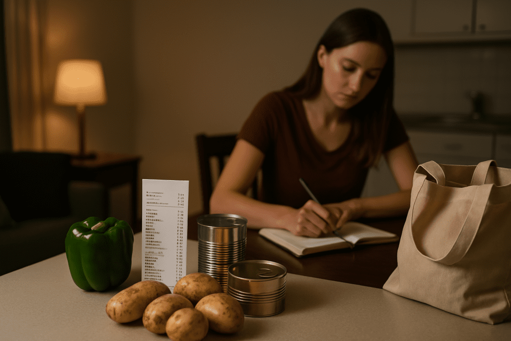 Smart Eating on a Budget: How to Create Cheap Healthy Meals Without Sacrificing Nutrition 2 A cozy kitchen scene shows a woman writing in a notebook next to a countertop featuring potatoes, bell pepper, a reusable grocery bag, and a receipt. Illuminated by soft indoor lighting, the setup symbolizes meal planning and easy affordable healthy meals, offering a grounded depiction of how to eat healthy on a budget using everyday ingredients.
