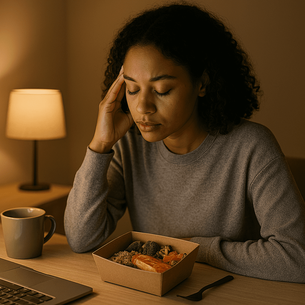 The Best Food Online Delivery Options for Healthy Eating: How to Choose Nutritious Meals from Services You Can Trust 2 A young African American woman with curly hair sits at a tidy desk in a warmly lit room at night, wearing a cozy gray sweater. She appears contemplative as she looks down at a nutritious delivered meal of salmon, broccoli, and rice, surrounded by a laptop and warm light, visually linking healthy eating with trusted food delivery in a home environment.