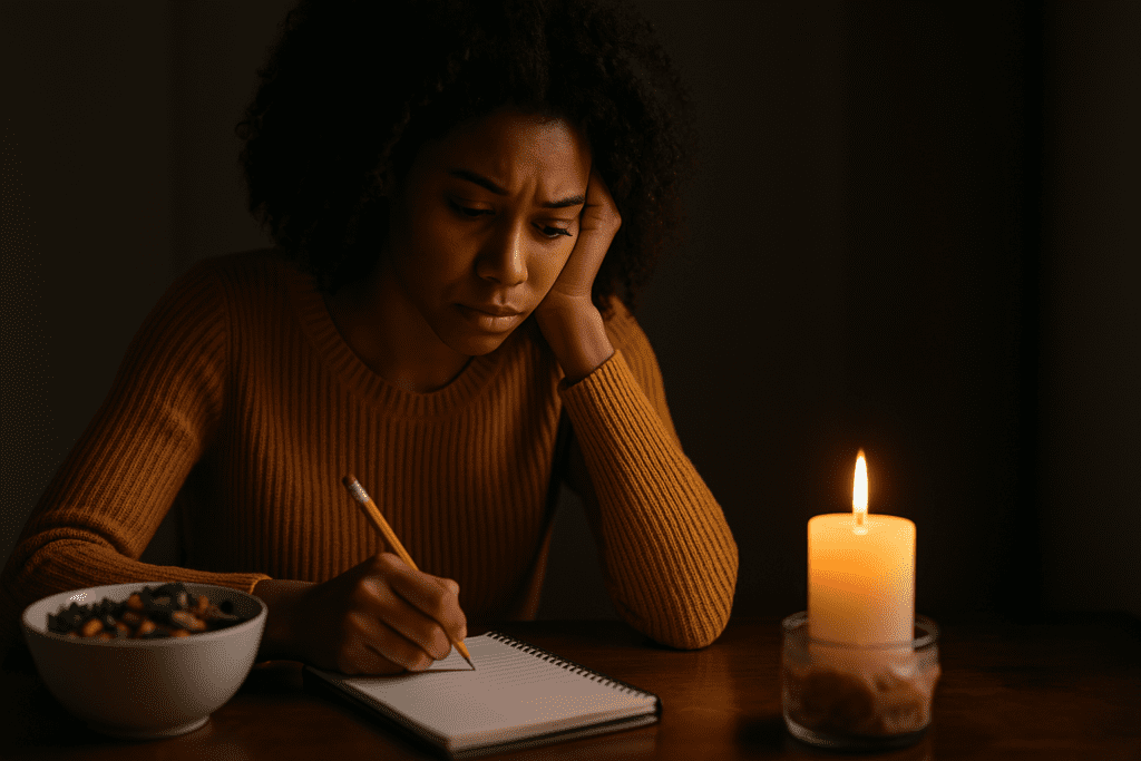 How to Follow a Cheap Healthy Eating Plan Without Sacrificing Nutrition: Smart Strategies for Affordable Meals 3 In a dimly lit room with moody candlelight, a young African American woman wearing a mustard sweater reflects over a journal beside a bowl of vegetable stir-fry. The cozy, nighttime interior underscores the personal and introspective aspects of building a sustainable affordable healthy meal plan that fits one’s lifestyle and budget.
