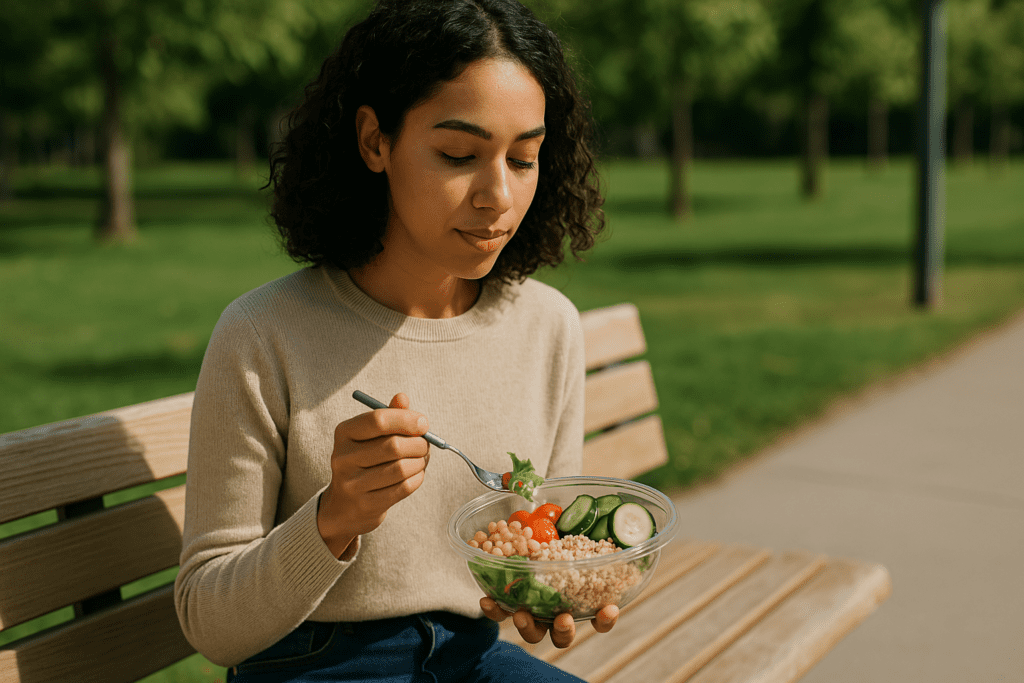 A woman with curly dark hair and light brown skin enjoys a low-cost, nutritious lunch featuring salad and chickpeas while sitting on a park bench surrounded by greenery. Soft natural light enhances the peaceful, budget-friendly atmosphere of mindful lunchtime choices.