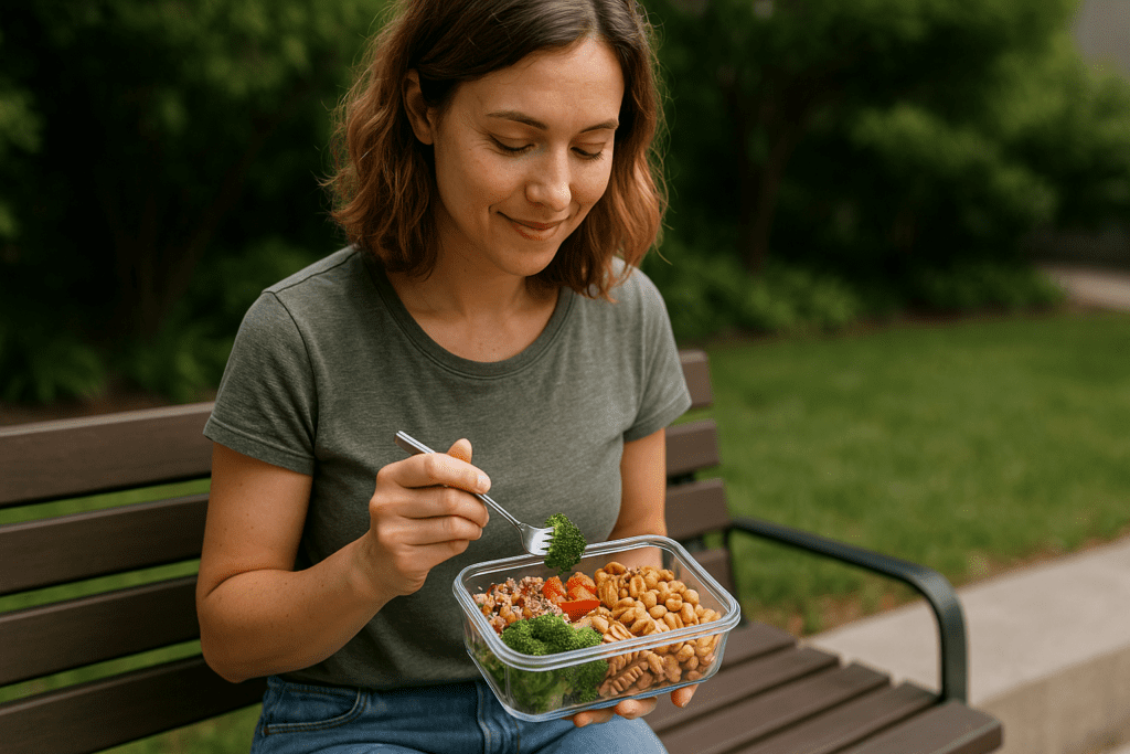 Affordable Healthy Lunch Ideas That Actually Taste Good: Smart, Budget-Friendly Meals for Work and Home 2 A light-skinned woman in an olive-green shirt and jeans smiles gently as she eats a colorful, healthy meal of quinoa salad, pasta, and steamed broccoli on a park bench. The soft sunlight and casual setting support the theme of affordable healthy lunches that taste good.