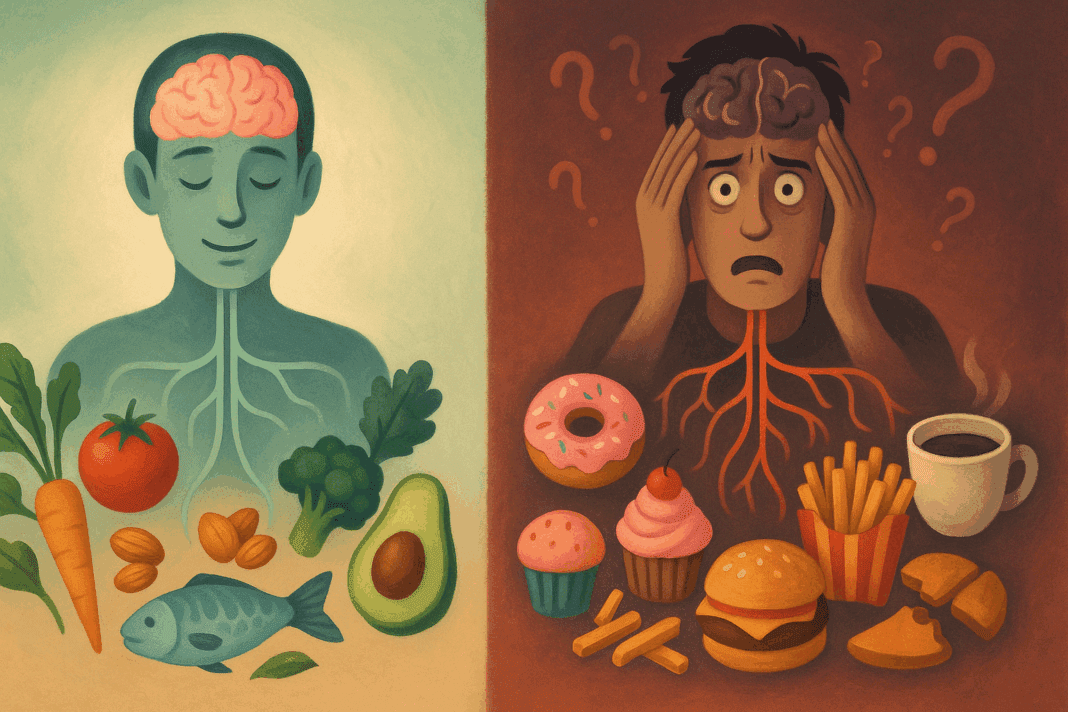 Split illustration showing healthy foods promoting calm vs. foods that cause anxiety and panic attacks with a stressed figure