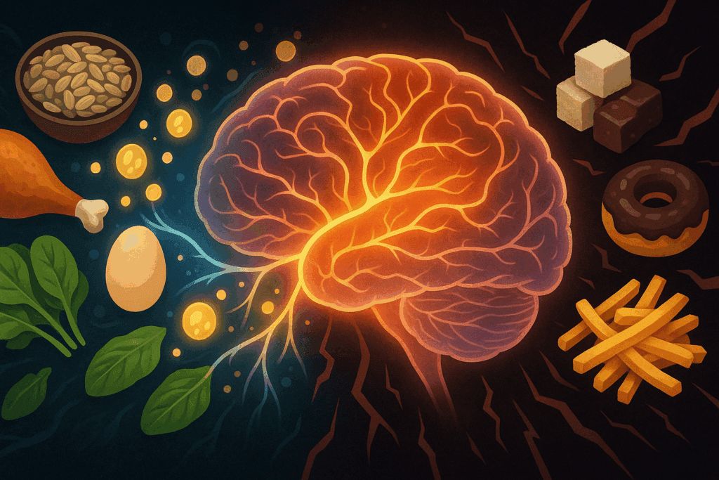 How Diet May Affect Mental Health: Exploring Foods That Cause Anxiety and Panic Attacks 1 Illustration of foods that cause anxiety and panic attacks disrupting brain chemistry, with processed foods clashing against calming nutrients like eggs, turkey, and leafy greens