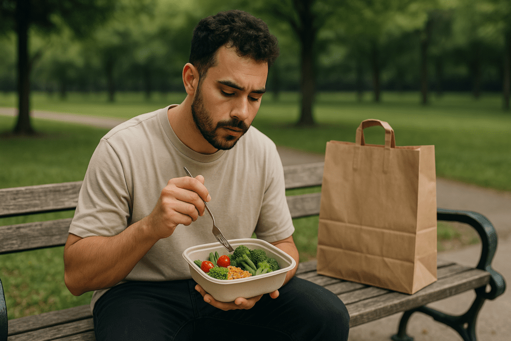 Smart Strategies for Affordable Food Delivery: How to Get Nutritious Meals Delivered to Your Doorstep Without Overspending 3 A casually dressed man with a trimmed beard eats a vibrant, plant-rich meal from an eco-friendly container on a rustic bench, with a paper grocery bag beside him. The clear daylight and minimalist setting reflect practical strategies for affordable, nutritious food delivery in everyday life
