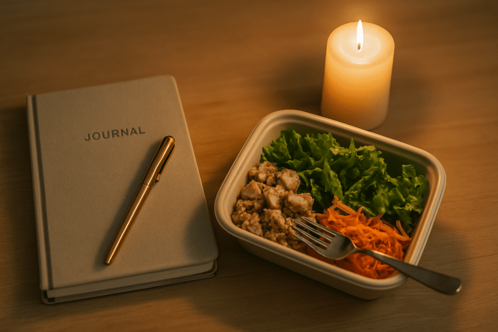 Smart Ways to Enjoy Fresh Dining Delivery and the Best Home Meals for a Healthier Lifestyle 2 A compostable container filled with vibrant vegetables and lean protein rests on a minimalist desk beside a laptop, softly illuminated by a desk lamp at night. The cozy workspace underscores the convenience of healthy meal delivery and supports a balanced lifestyle for busy professionals.