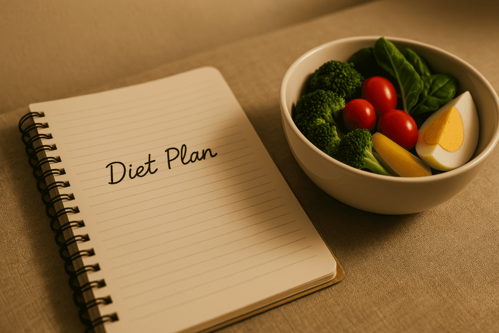 Smart Clean Eating for Weight Loss: Your Easy Diet Plan with a Free Diet Guide to Get Started 2 A notebook lies open on a beige surface with the handwritten title “Diet Plan,” accompanied by a fresh vegetable bowl and hard-boiled egg under warm, ambient lighting. The minimalist setting and symbolic objects visually represent an easy diet plan for clean eating and mindful nutrition.