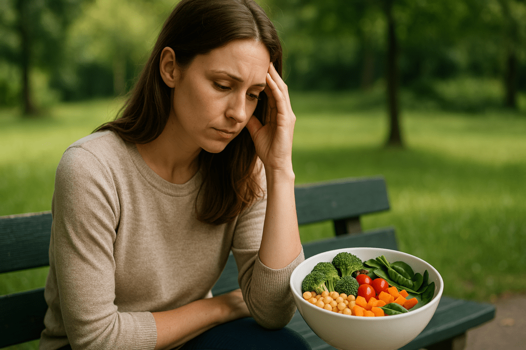 A young woman sits alone on a weathered green park bench, wearing a beige sweater and gazing downward in reflective thought, with a bowl of fresh vegetables beside her. Dappled sunlight filters through leafy trees, casting a soft glow that reinforces the theme of how a vegan diet may influence cancer risk through mindful lifestyle choices.