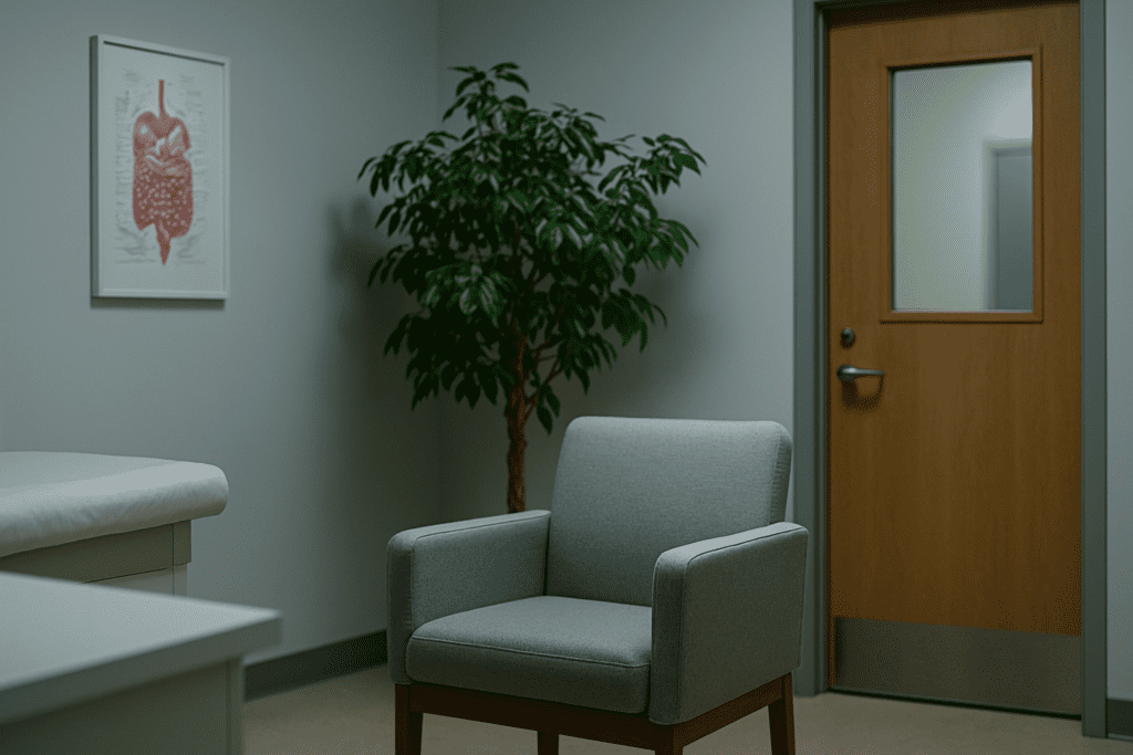 How a Vegan Diet May Influence Cancer Risk: What Science Says 3 A clinical waiting room with cool fluorescent lighting showcases a modern gray chair, a white desk, and a lush green plant under a framed anatomical print. The sterile yet calm environment reflects the intersection of medical guidance and personal dietary decisions relevant to cancer risk and vegan nutrition