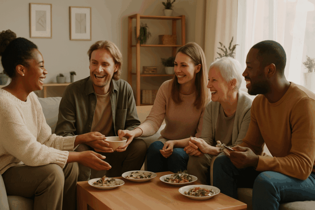 Why Eating Disorder Awareness Is Important for a Healthier Lifestyle: How Nutrition Education and Mindful Eating Can Make a Difference 5 Group of diverse friends and family sharing a meal in a cozy living room, laughing and encouraging each other in a supportive environment for emotional healing and recovery, emphasizing Eating Disorder Awareness