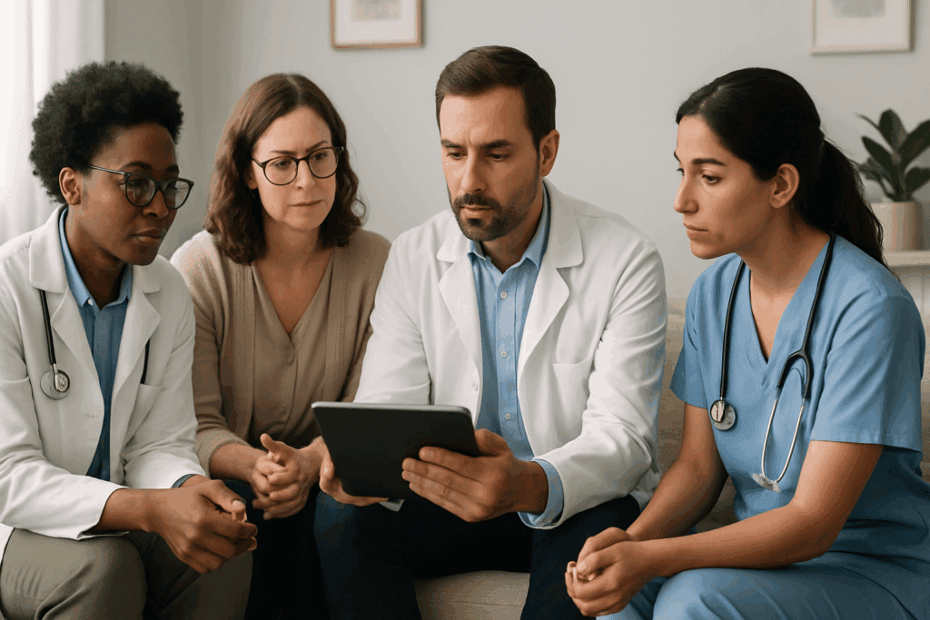 How Inpatient Eating Disorder Clinics Support Long-Term Recovery: What to Expect from Eating Disorder Inpatient Treatment 1 Diverse healthcare team in discussion over a digital recovery plan, representing collaborative care in inpatient eating disorder clinics
