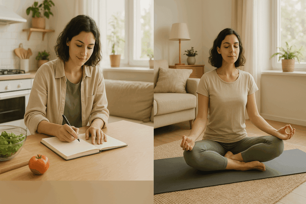 How Inpatient Eating Disorder Clinics Support Long-Term Recovery: What to Expect from Eating Disorder Inpatient Treatment 6 Woman practicing wellness habits like meal prepping, journaling, yoga, and telehealth at home after discharge from inpatient eating disorder clinics