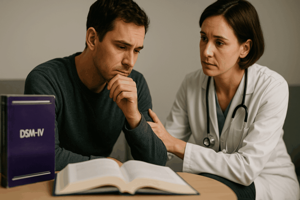 Understanding EDNOS and Unspecified Eating Disorders: How Nutrition and Lifestyle Choices Can Support Healing 1 Medical professional comforting a thoughtful patient beside DSM manuals, symbolizing diagnostic changes and Unspecified Eating Disorders.